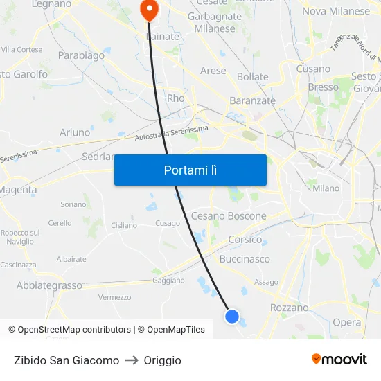 Zibido San Giacomo to Origgio map