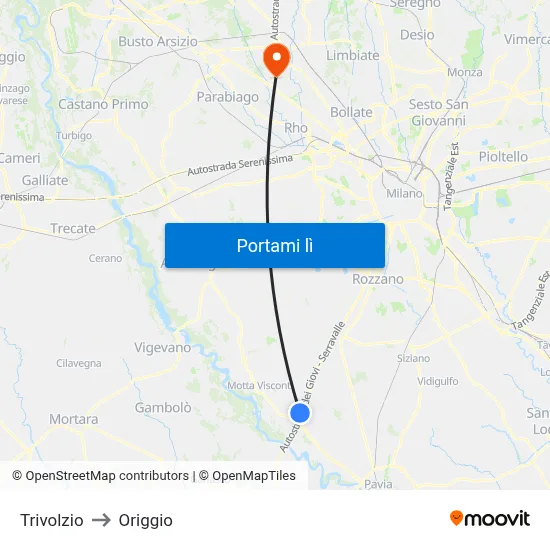 Trivolzio to Origgio map