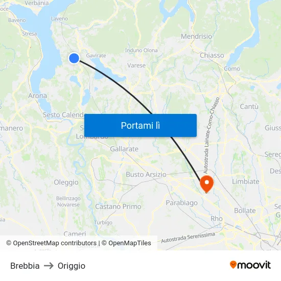 Brebbia to Origgio map