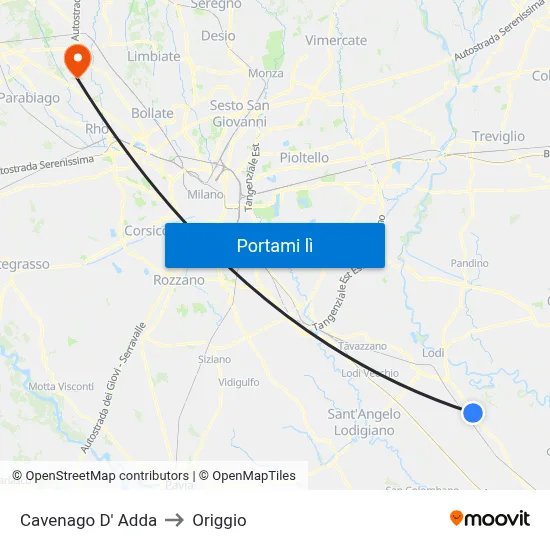 Cavenago D' Adda to Origgio map