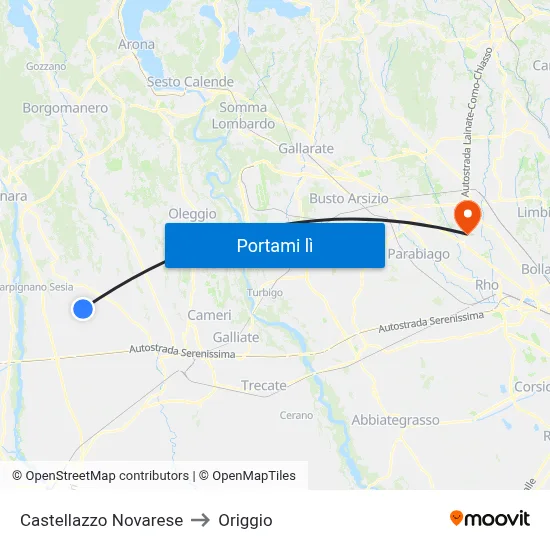 Castellazzo Novarese to Origgio map