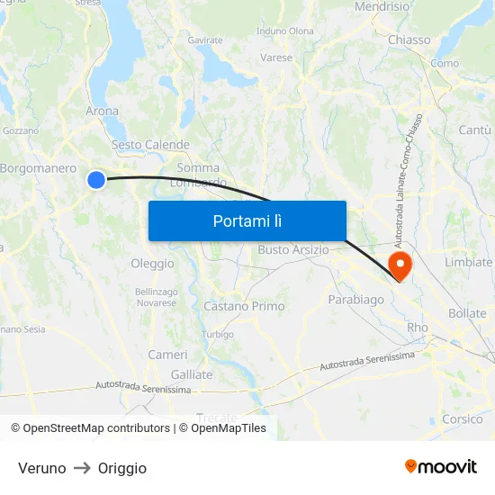 Veruno to Origgio map