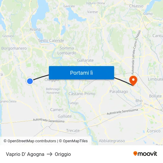 Vaprio D' Agogna to Origgio map