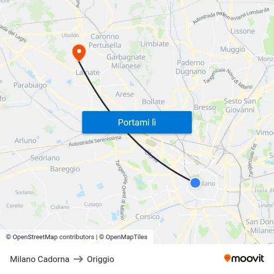 Milano Cadorna to Origgio map