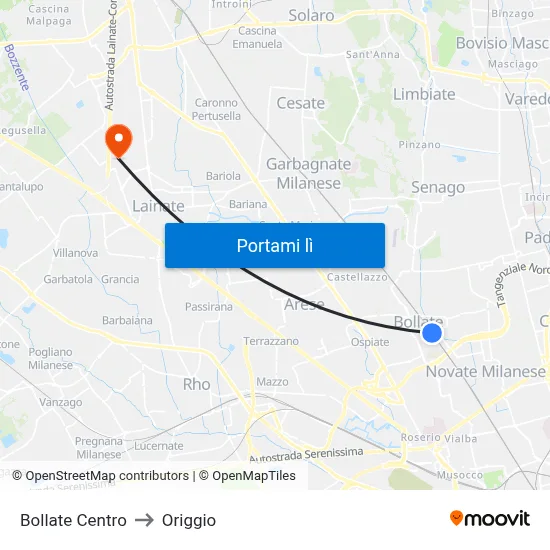 Bollate Centro to Origgio map