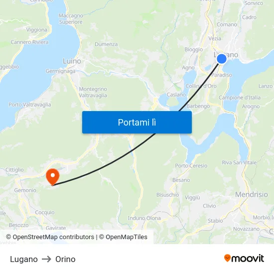 Lugano to Orino map