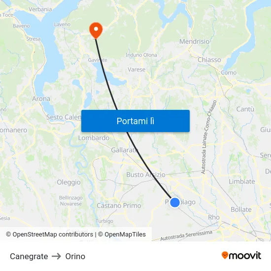 Canegrate to Orino map