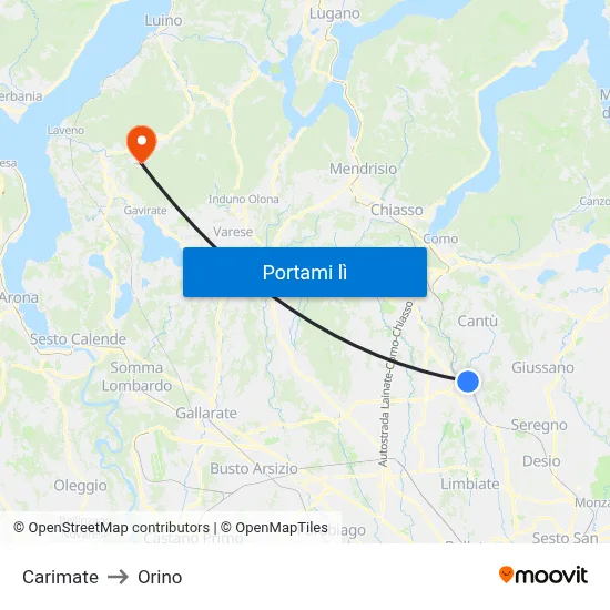 Carimate to Orino map