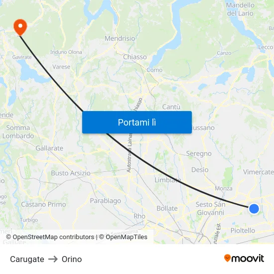 Carugate to Orino map