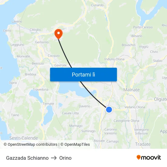 Gazzada Schianno to Orino map