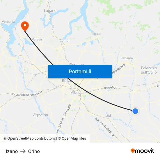 Izano to Orino map
