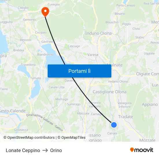 Lonate Ceppino to Orino map