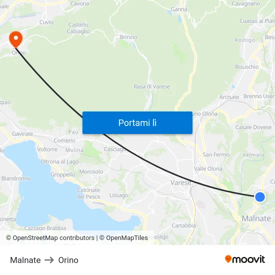 Malnate to Orino map