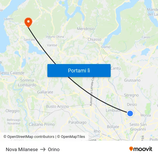 Nova Milanese to Orino map