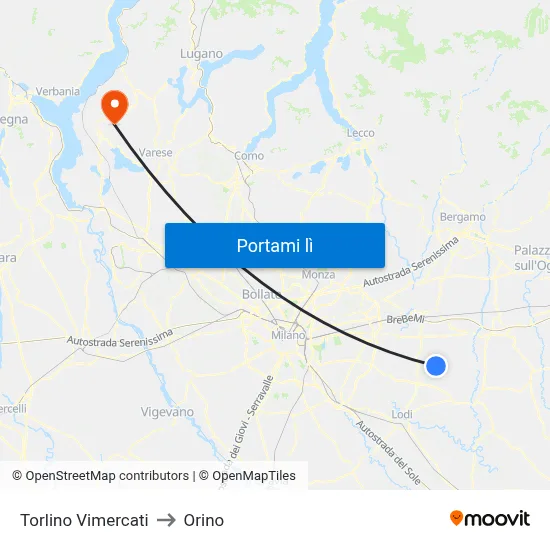 Torlino Vimercati to Orino map