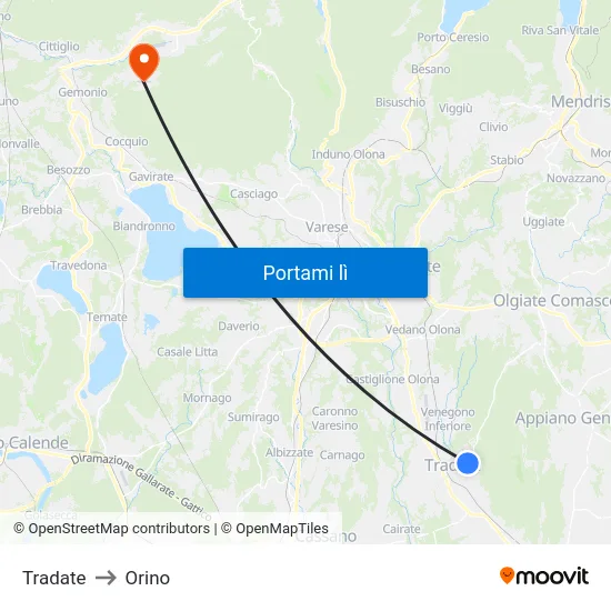 Tradate to Orino map