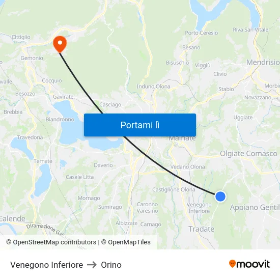 Venegono Inferiore to Orino map