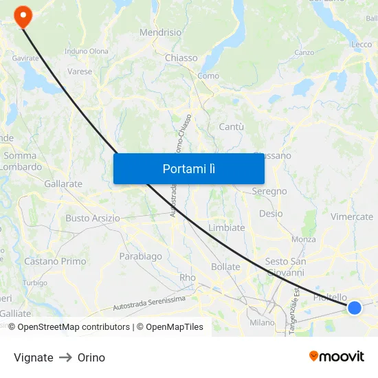 Vignate to Orino map