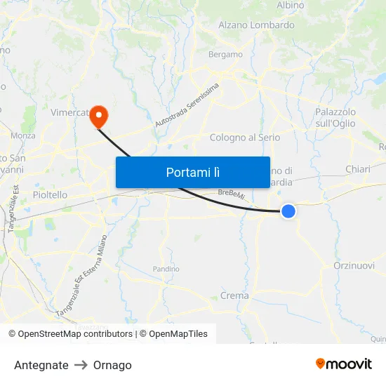 Antegnate to Ornago map