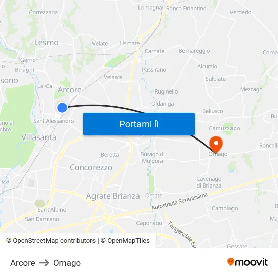 Arcore to Ornago map