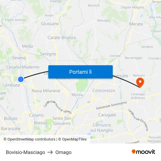Bovisio-Masciago to Ornago map