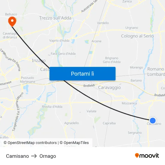 Camisano to Ornago map