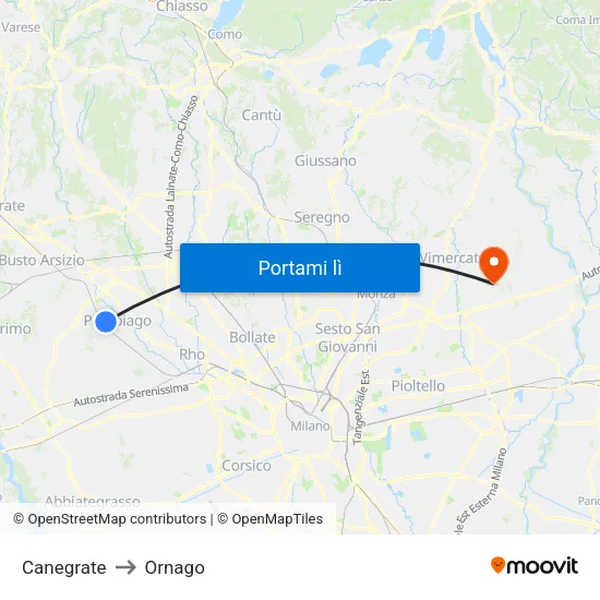 Canegrate to Ornago map