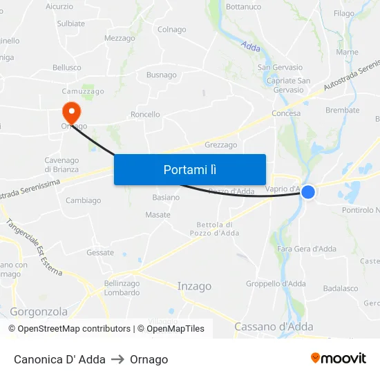 Canonica D' Adda to Ornago map