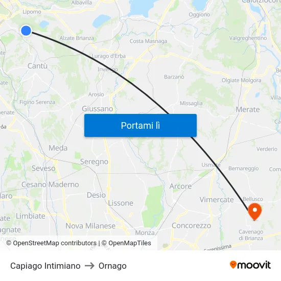 Capiago Intimiano to Ornago map