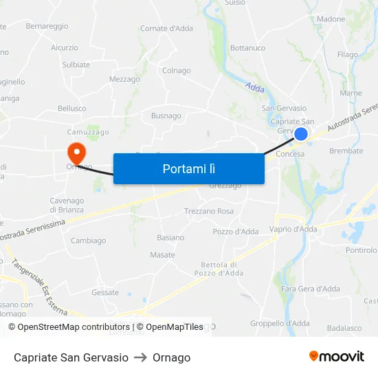 Capriate San Gervasio to Ornago map