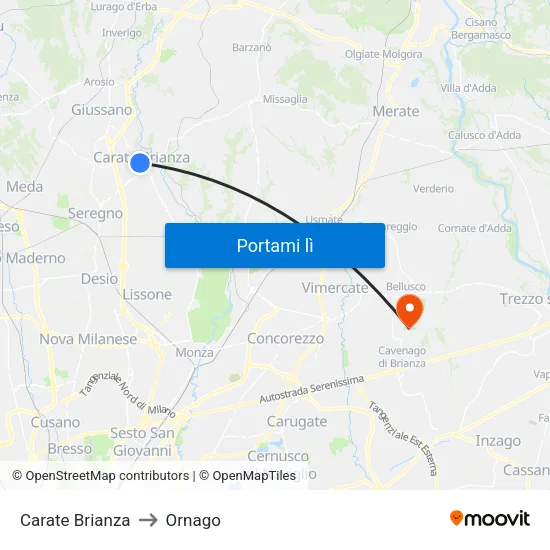Carate Brianza to Ornago map
