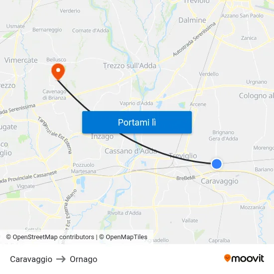 Caravaggio to Ornago map