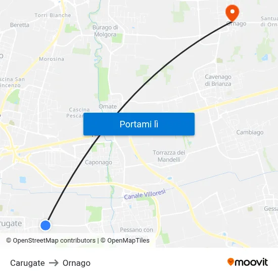 Carugate to Ornago map