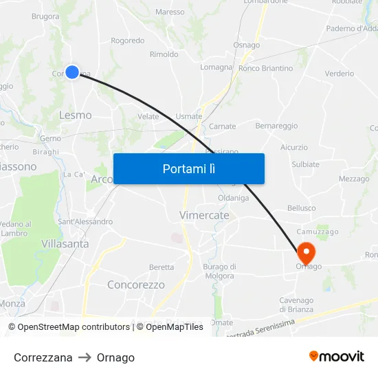 Correzzana to Ornago map
