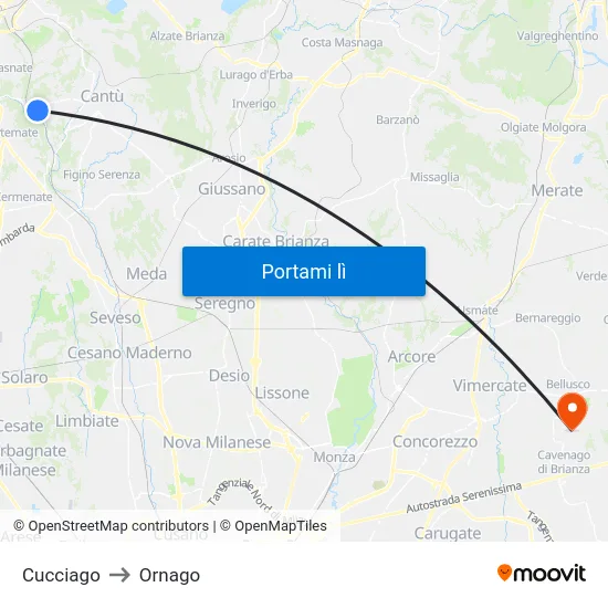 Cucciago to Ornago map