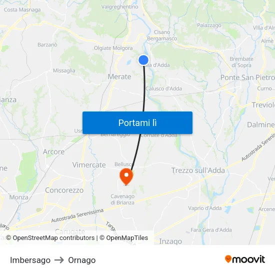 Imbersago to Ornago map