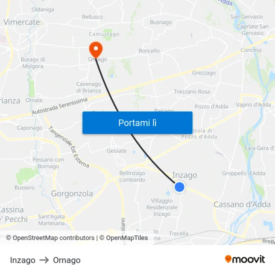 Inzago to Ornago map