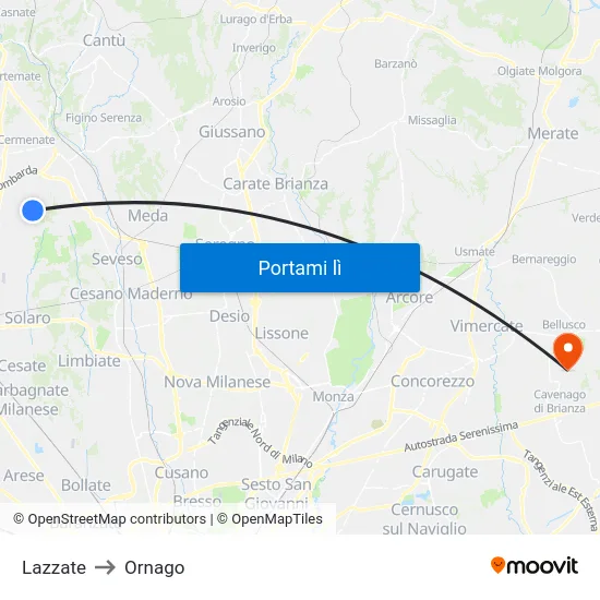 Lazzate to Ornago map