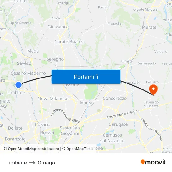 Limbiate to Ornago map