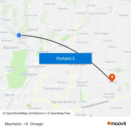 Macherio to Ornago map