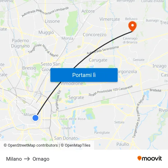Milano to Ornago map