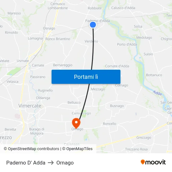 Paderno D' Adda to Ornago map