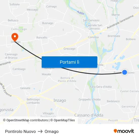 Pontirolo Nuovo to Ornago map