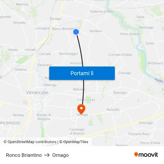 Ronco Briantino to Ornago map