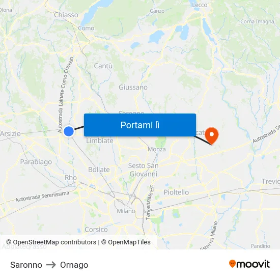 Saronno to Ornago map