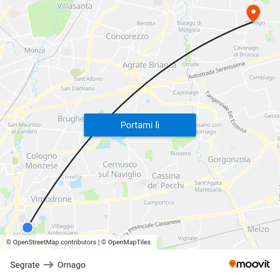 Segrate to Ornago map