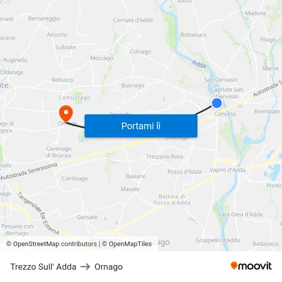 Trezzo Sull' Adda to Ornago map