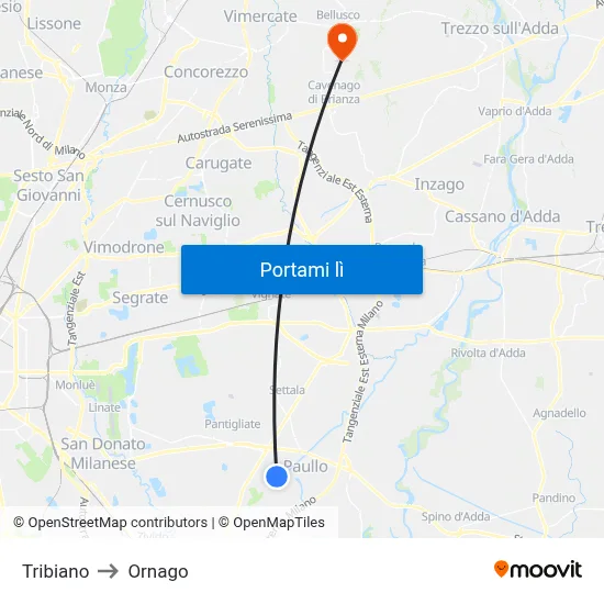 Tribiano to Ornago map