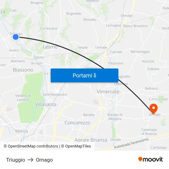 Triuggio to Ornago map