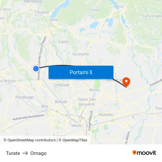 Turate to Ornago map